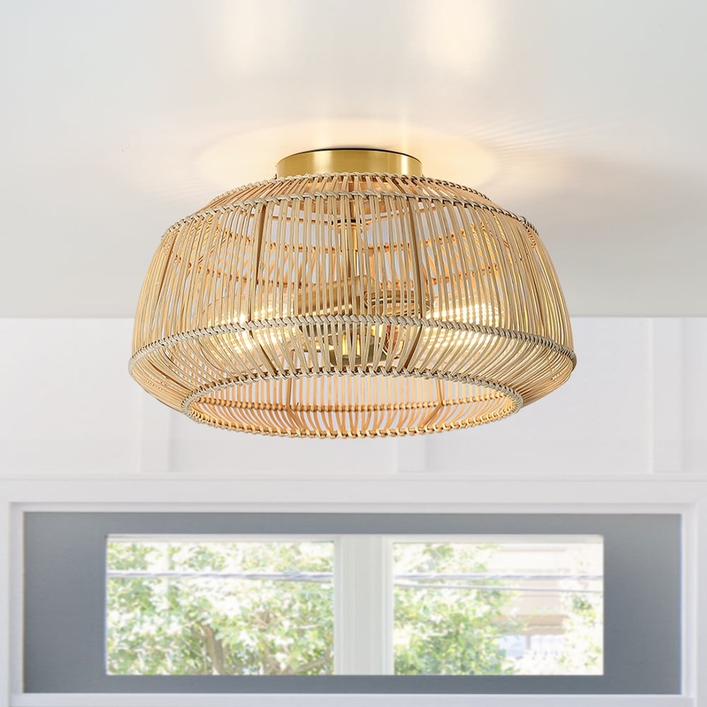 2-Light Bohemian Rattan Semi-Flush Mount Ceiling Light - Brass