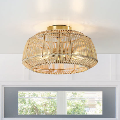 2-Light Bohemian Rattan Semi-Flush Mount Ceiling Light - Brass