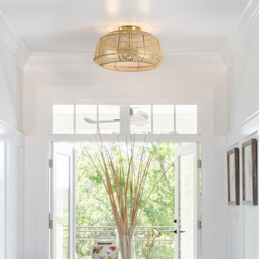 2-Light Bohemian Rattan Semi-Flush Mount Ceiling Light - Brass