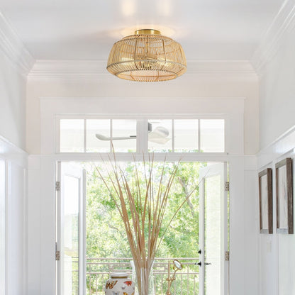 2-Light Bohemian Rattan Semi-Flush Mount Ceiling Light - Brass