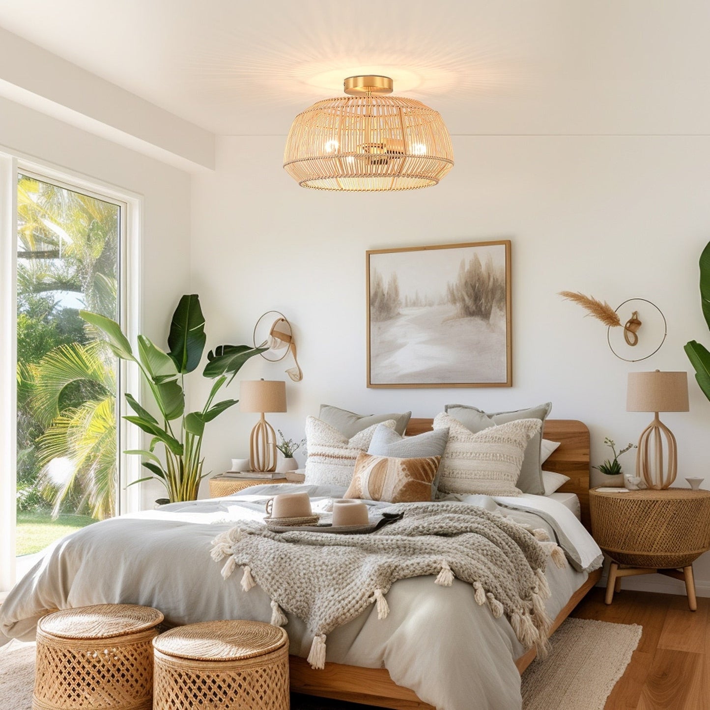 2-Light Bohemian Rattan Semi-Flush Mount Ceiling Light - Brass