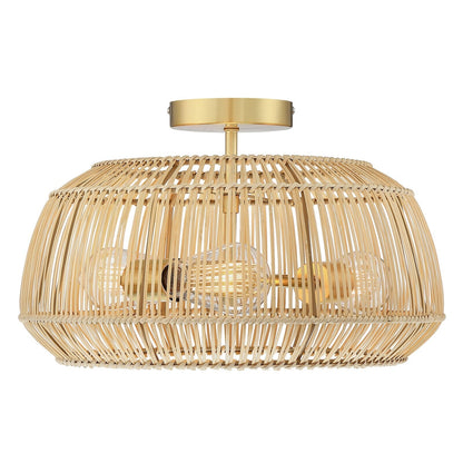 2-Light Bohemian Rattan Semi-Flush Mount Ceiling Light - Brass