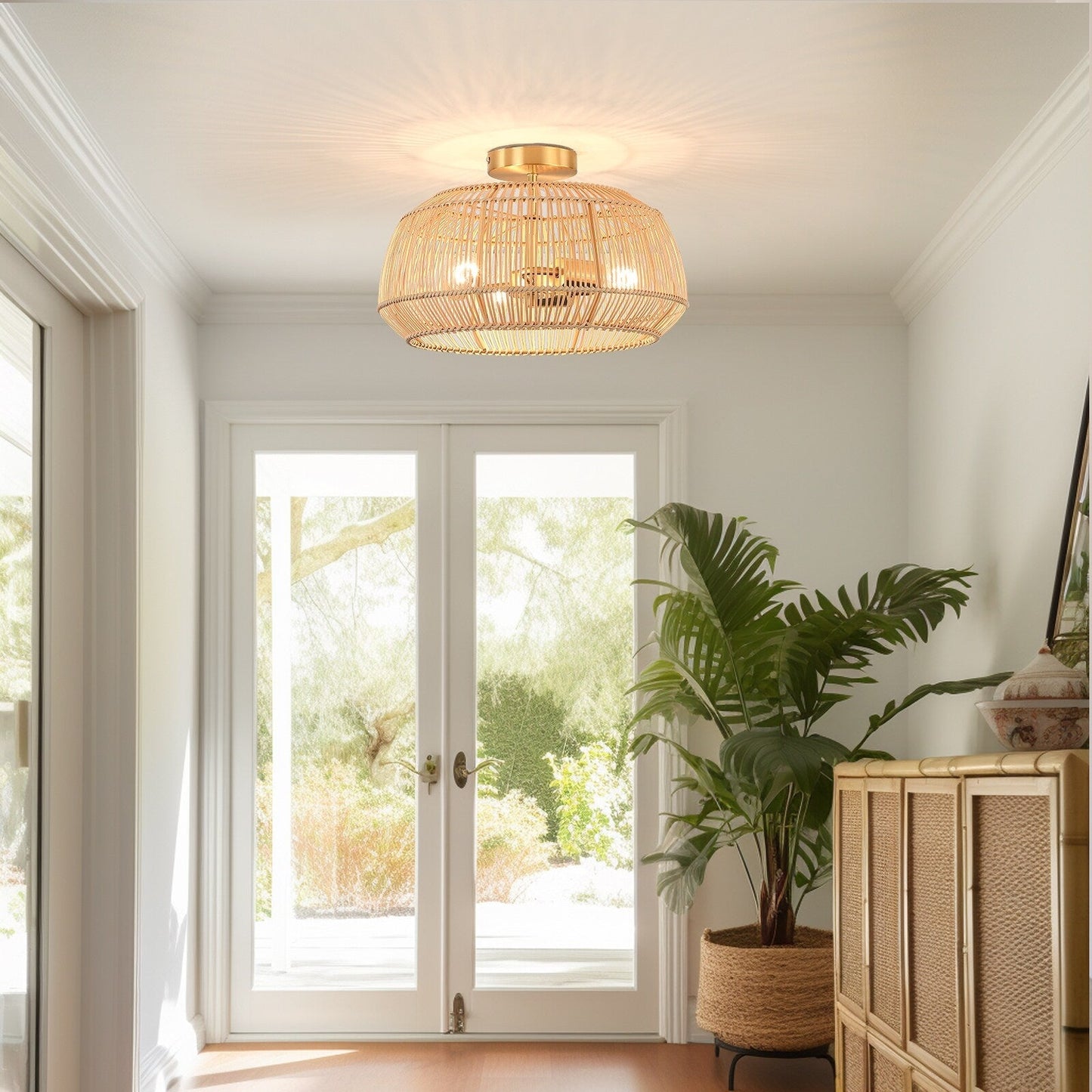 2-Light Bohemian Rattan Semi-Flush Mount Ceiling Light - Brass