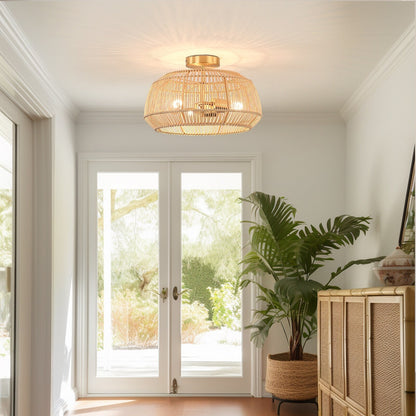 2-Light Bohemian Rattan Semi-Flush Mount Ceiling Light - Brass