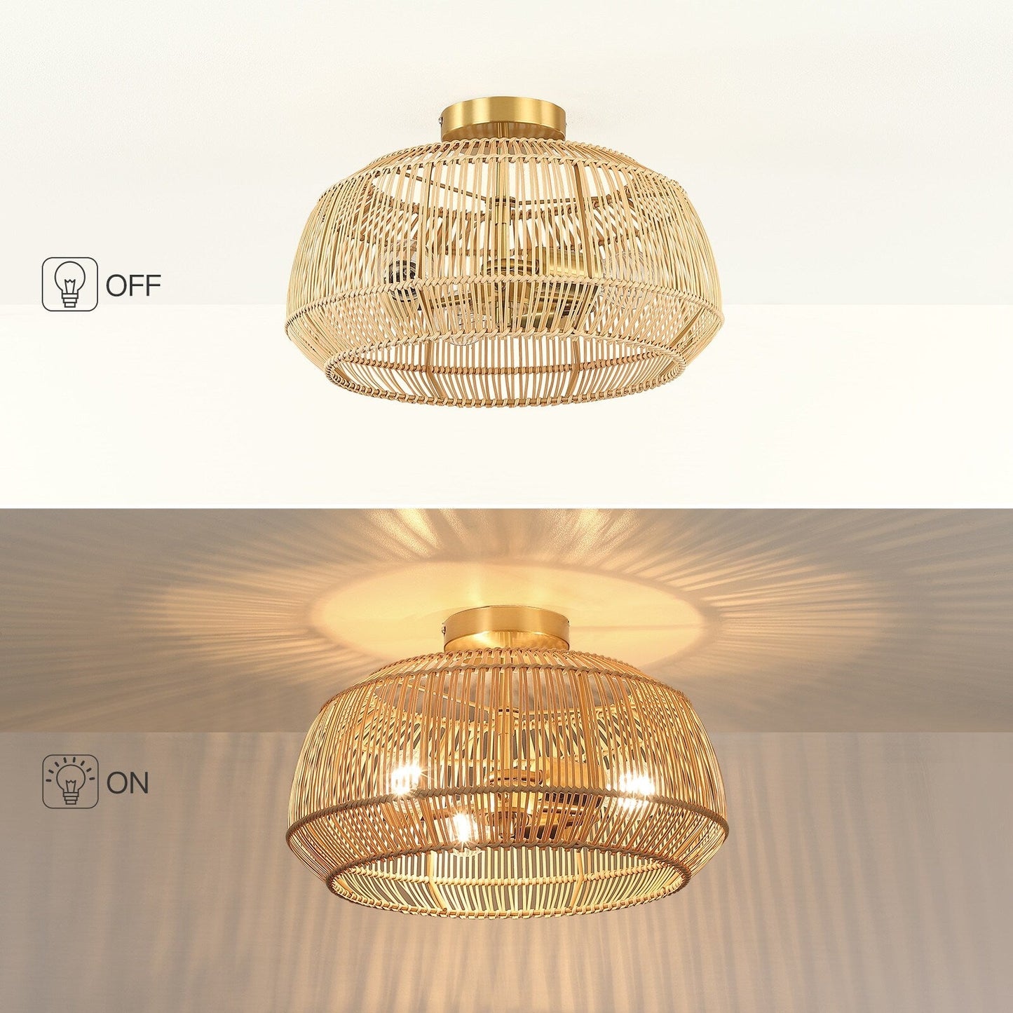 2-Light Bohemian Rattan Semi-Flush Mount Ceiling Light - Brass