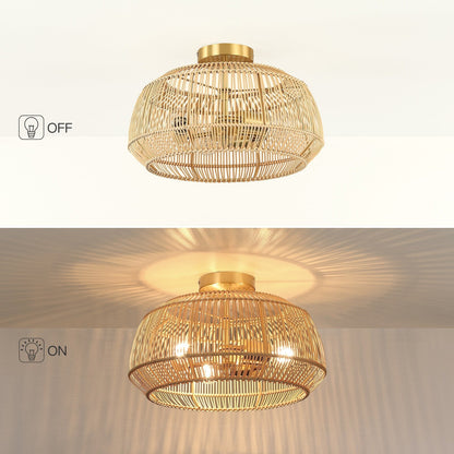 2-Light Bohemian Rattan Semi-Flush Mount Ceiling Light - Brass