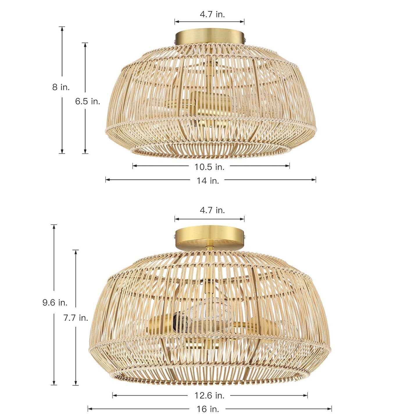 2-Light Bohemian Rattan Semi-Flush Mount Ceiling Light - Brass