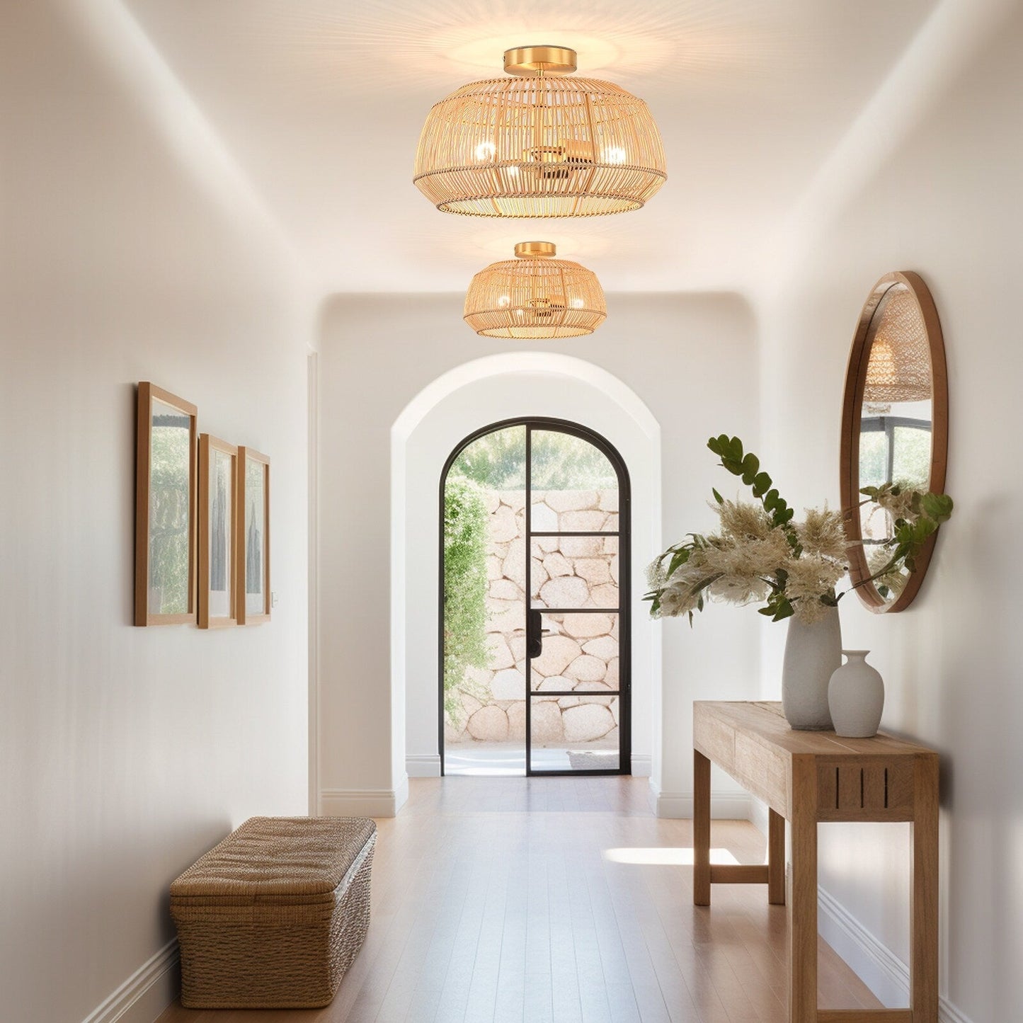 2-Light Bohemian Rattan Semi-Flush Mount Ceiling Light - Brass