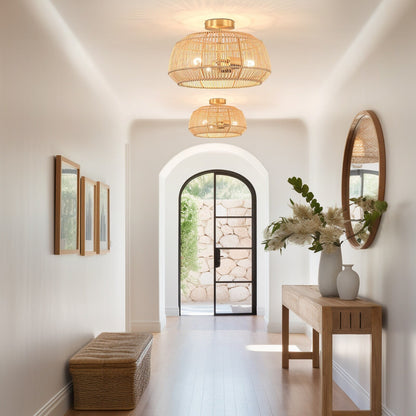 2-Light Bohemian Rattan Semi-Flush Mount Ceiling Light - Brass