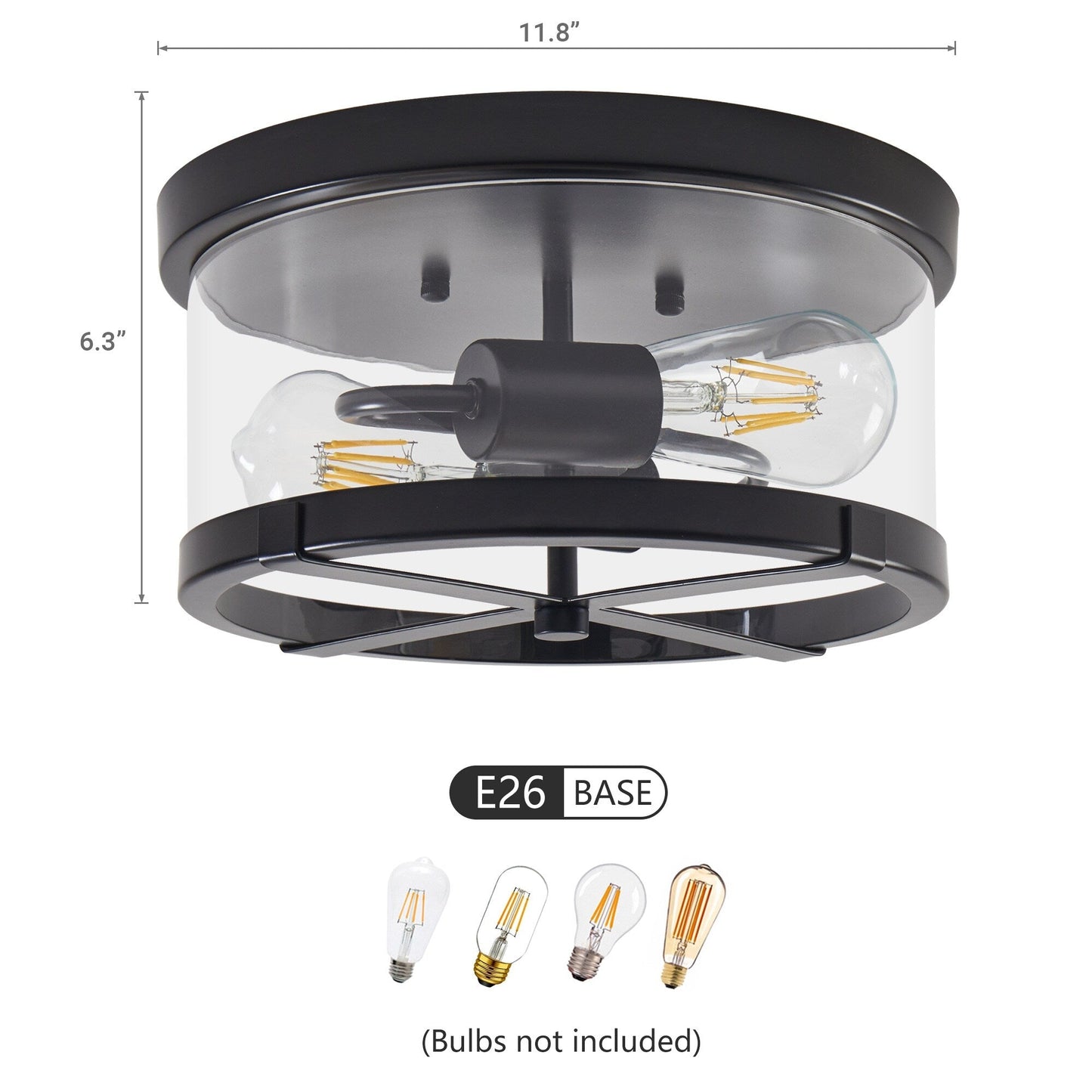 2-Light Flush Mount Clear Glass Ceiling Light with Metal Frame