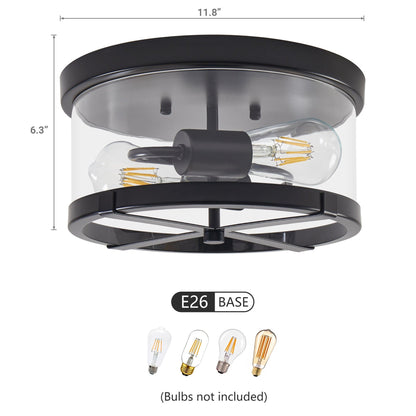 2-Light Flush Mount Clear Glass Ceiling Light with Metal Frame