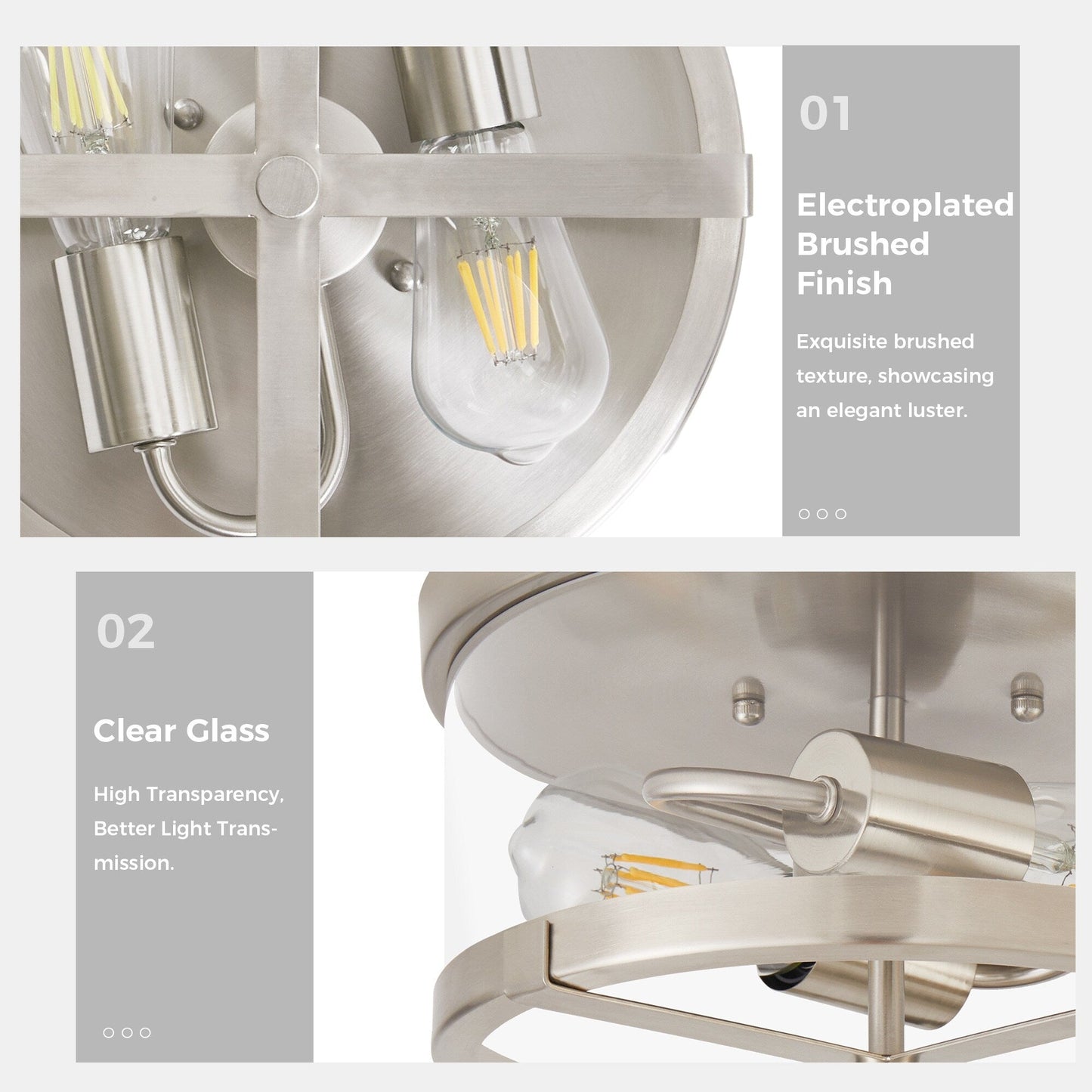 2-Light Flush Mount Clear Glass Ceiling Light with Metal Frame