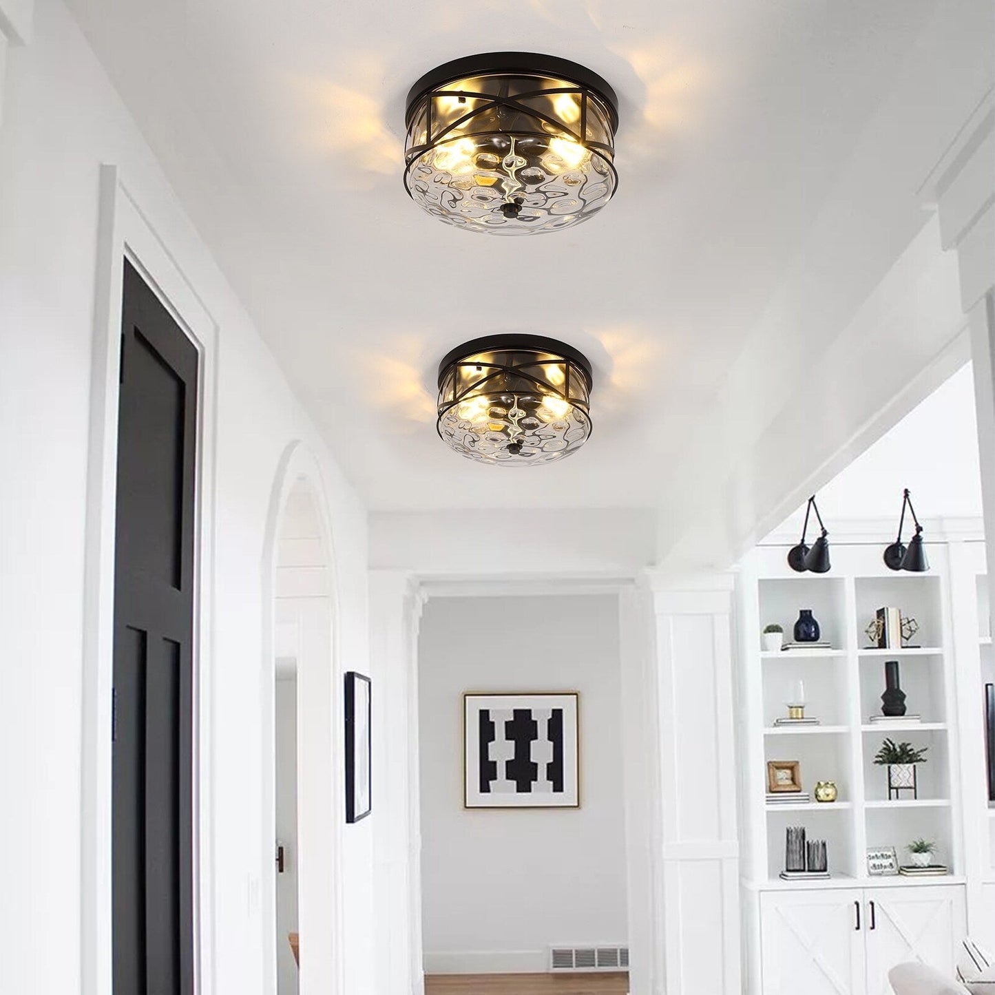 2-Light Flush Mount Glass Ceiling Light with Metal Frame