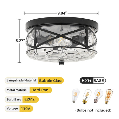 2-Light Flush Mount Glass Ceiling Light with Metal Frame