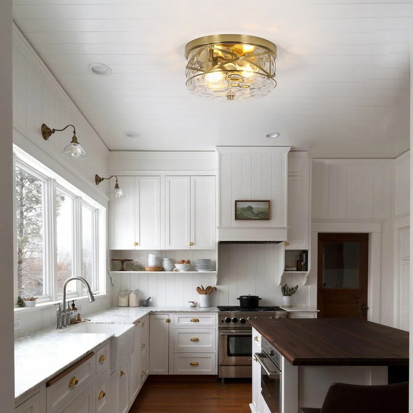 2-Light Flush Mount Glass Ceiling Light with Metal Frame