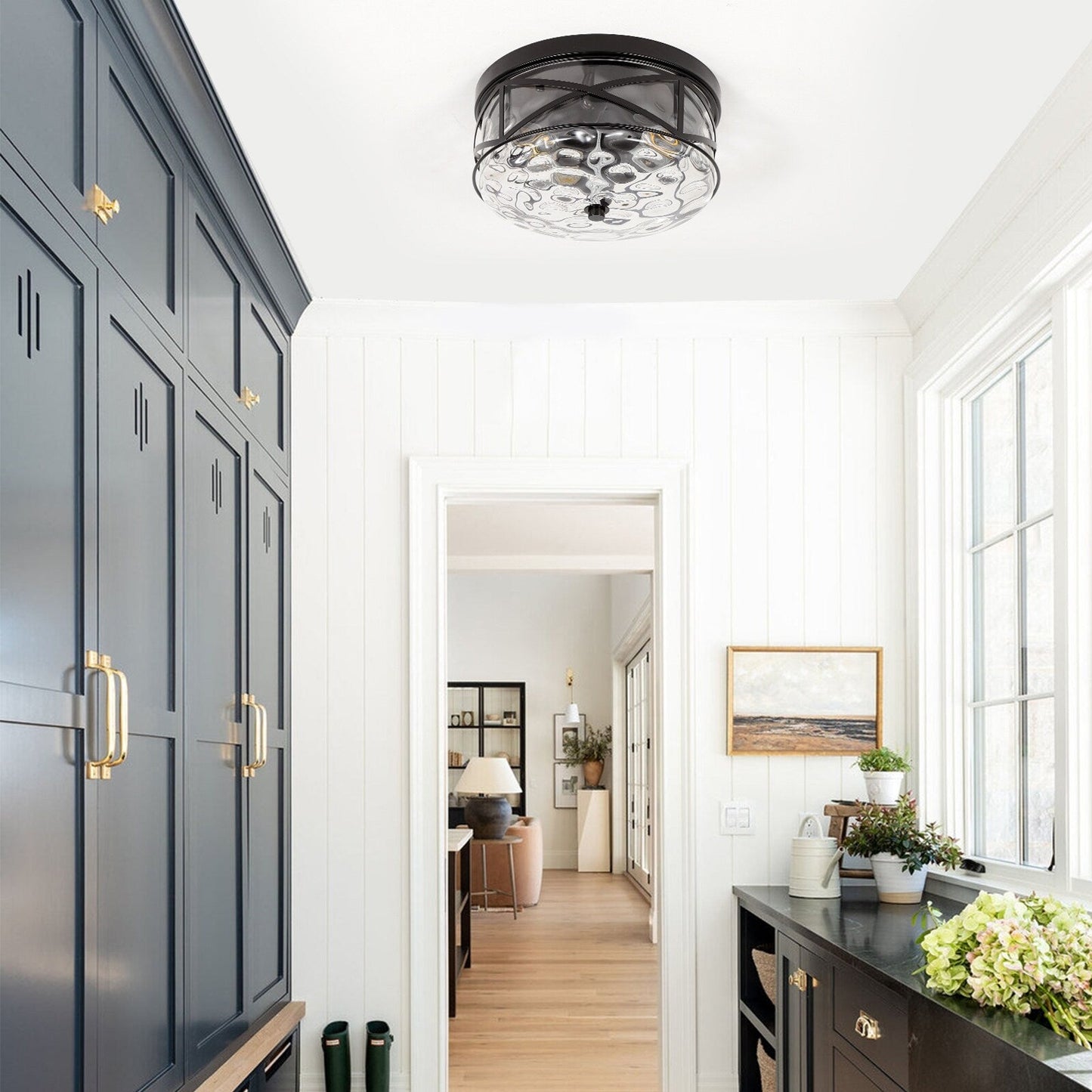 2-Light Flush Mount Glass Ceiling Light with Metal Frame