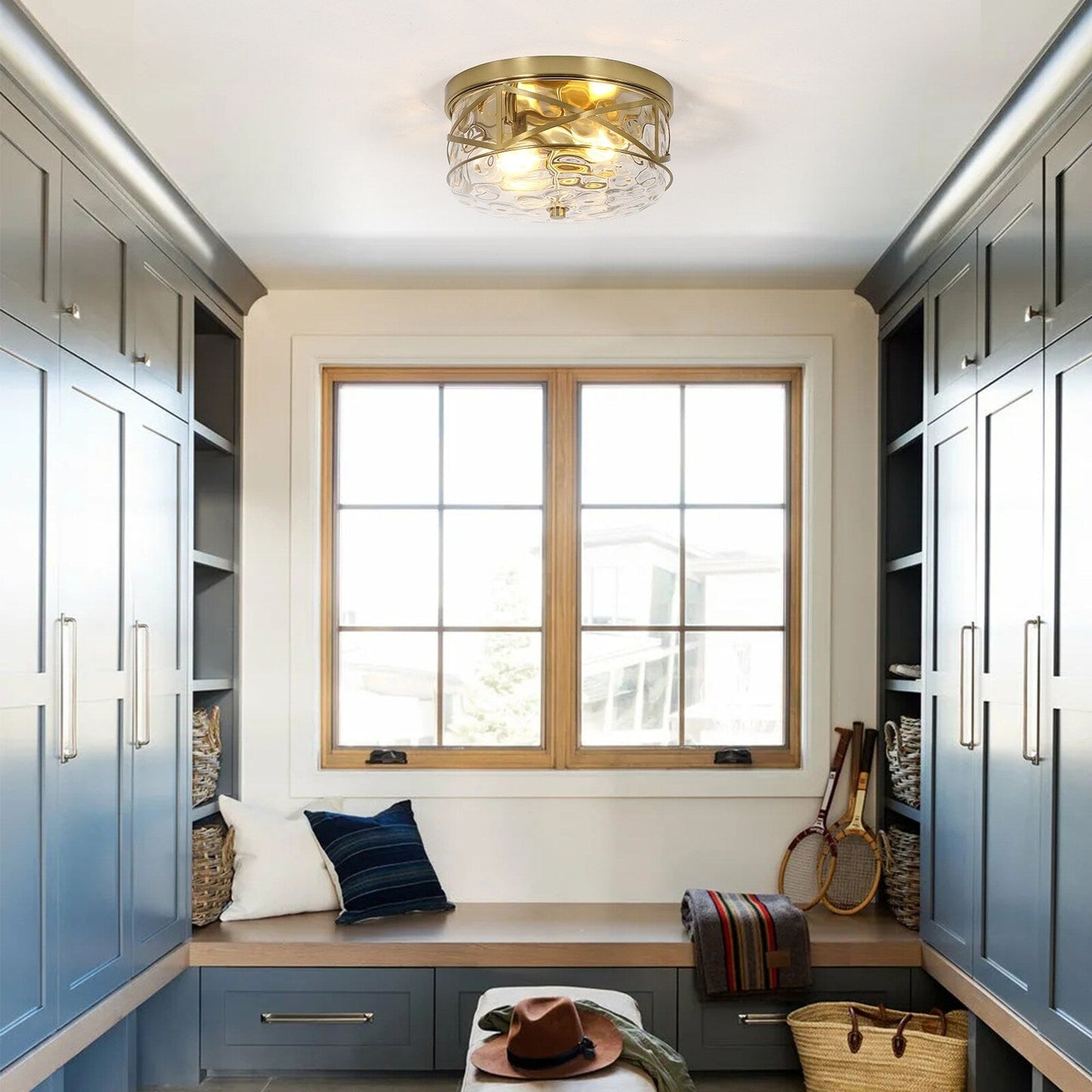 2-Light Flush Mount Glass Ceiling Light with Metal Frame