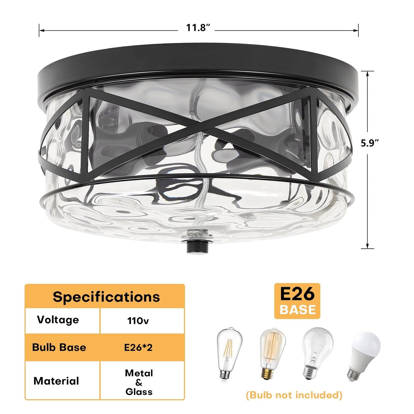 2-Light Flush Mount Glass Ceiling Light with Metal Frame