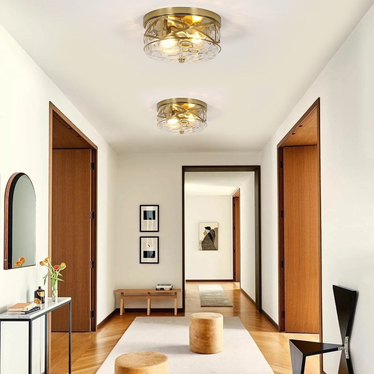 2-Light Flush Mount Glass Ceiling Light with Metal Frame