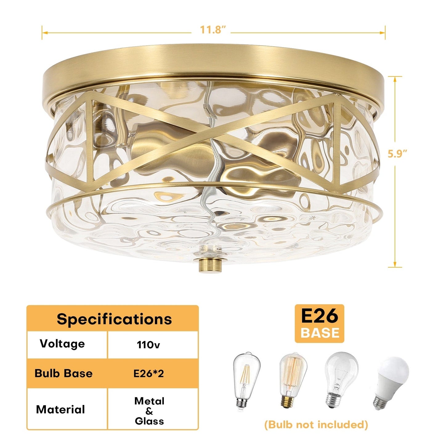 2-Light Flush Mount Glass Ceiling Light with Metal Frame