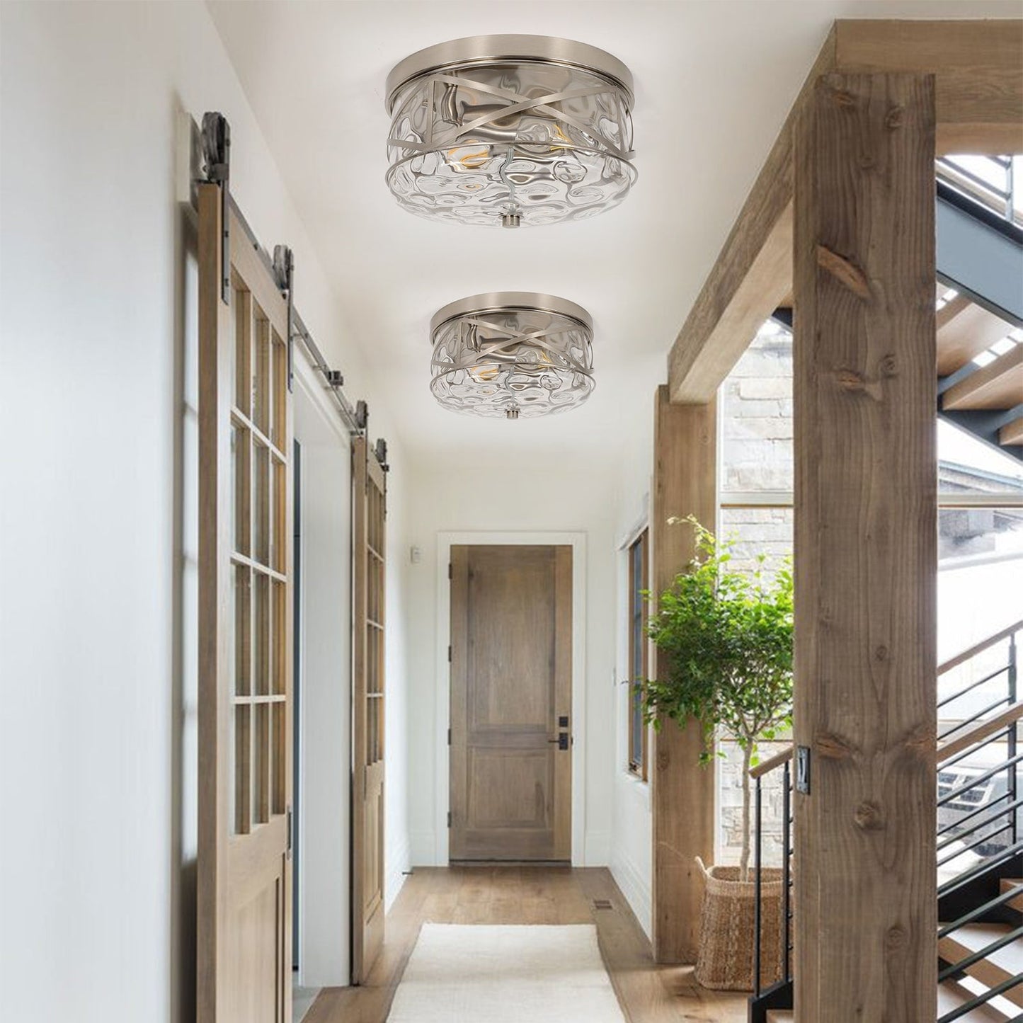 2-Light Flush Mount Glass Ceiling Light with Metal Frame