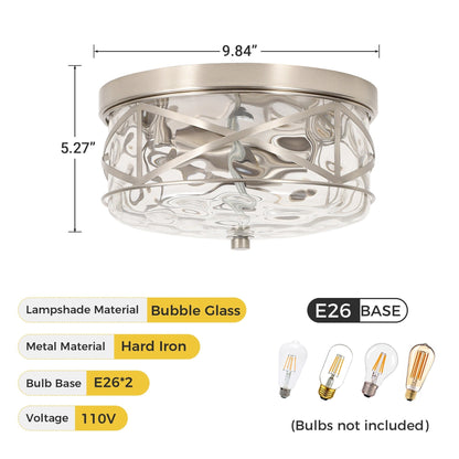 2-Light Flush Mount Glass Ceiling Light with Metal Frame