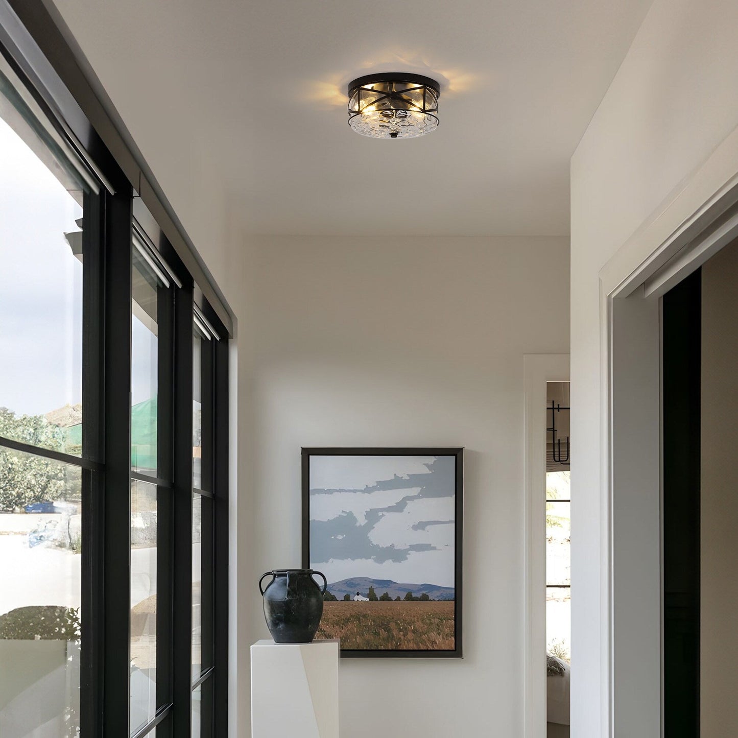 2-Light Flush Mount Glass Ceiling Light with Metal Frame