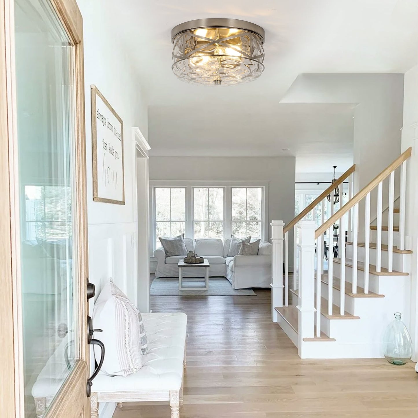 2-Light Flush Mount Glass Ceiling Light with Metal Frame