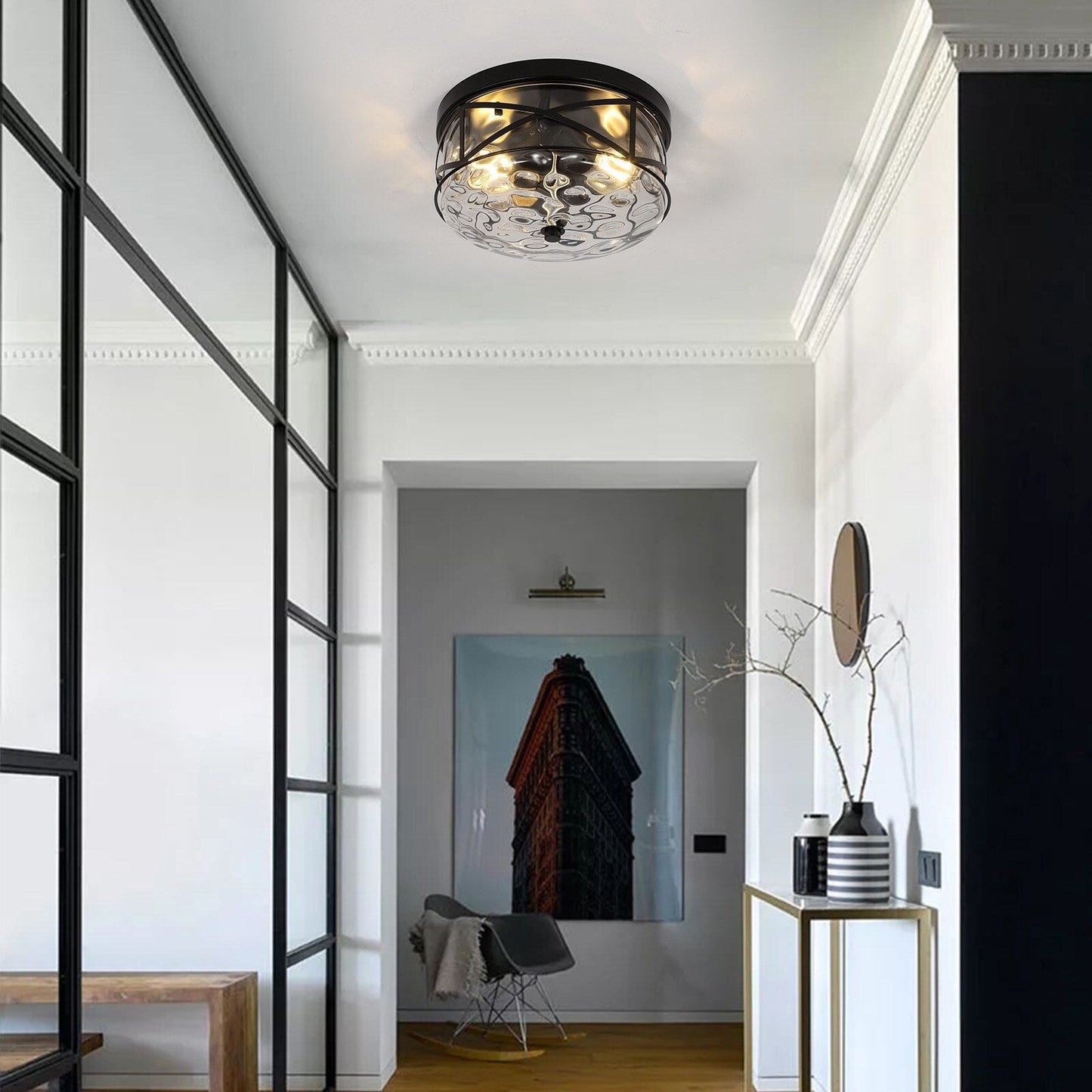 2-Light Flush Mount Glass Ceiling Light with Metal Frame