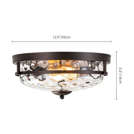 2-Light Industrial Farmhouse Ceiling Light Dome Clear Water Rippled Glass Flush Mount Light