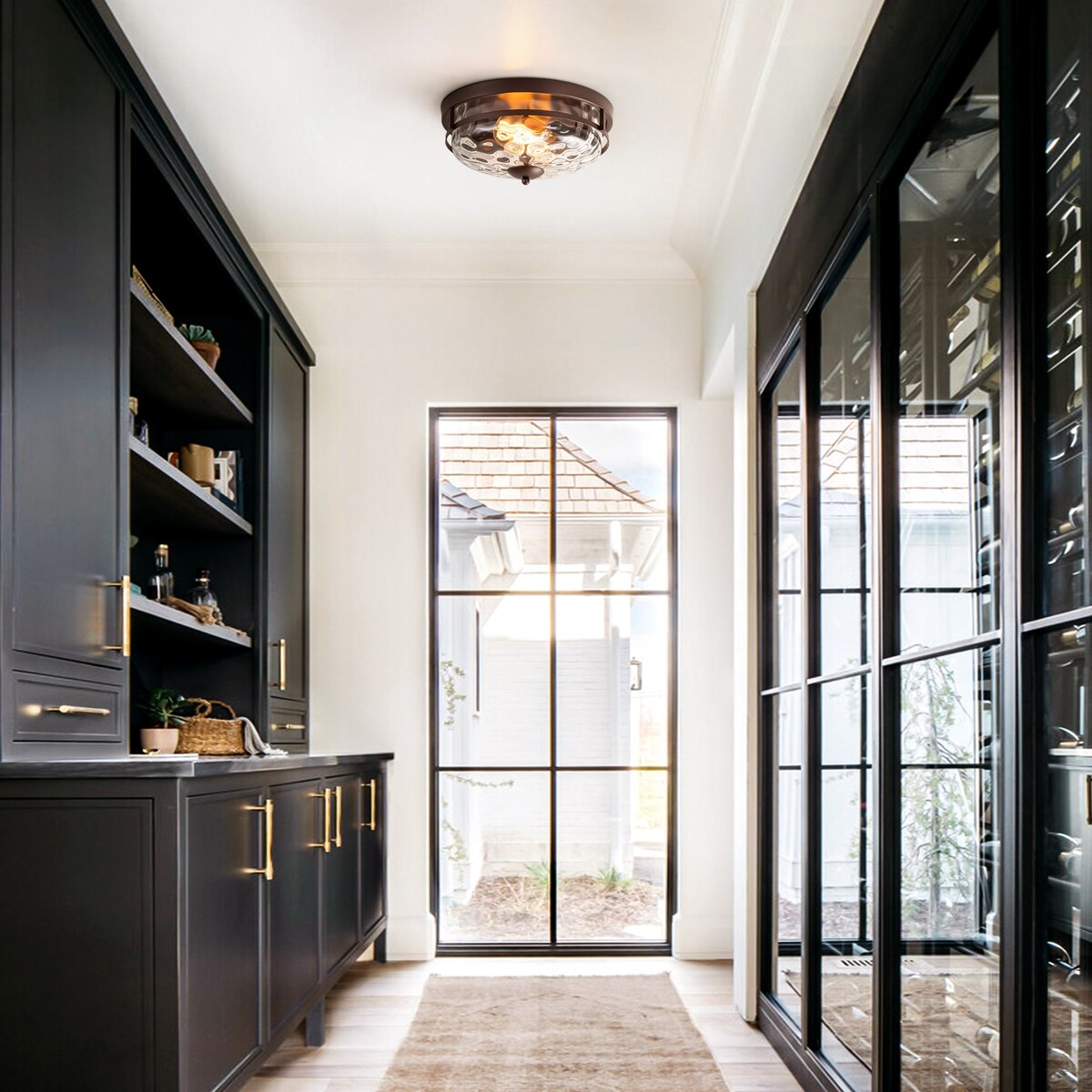 2-Light Industrial Farmhouse Ceiling Light Dome Clear Water Rippled Glass Flush Mount Light - 12.9 in. W x 5.5 in. H