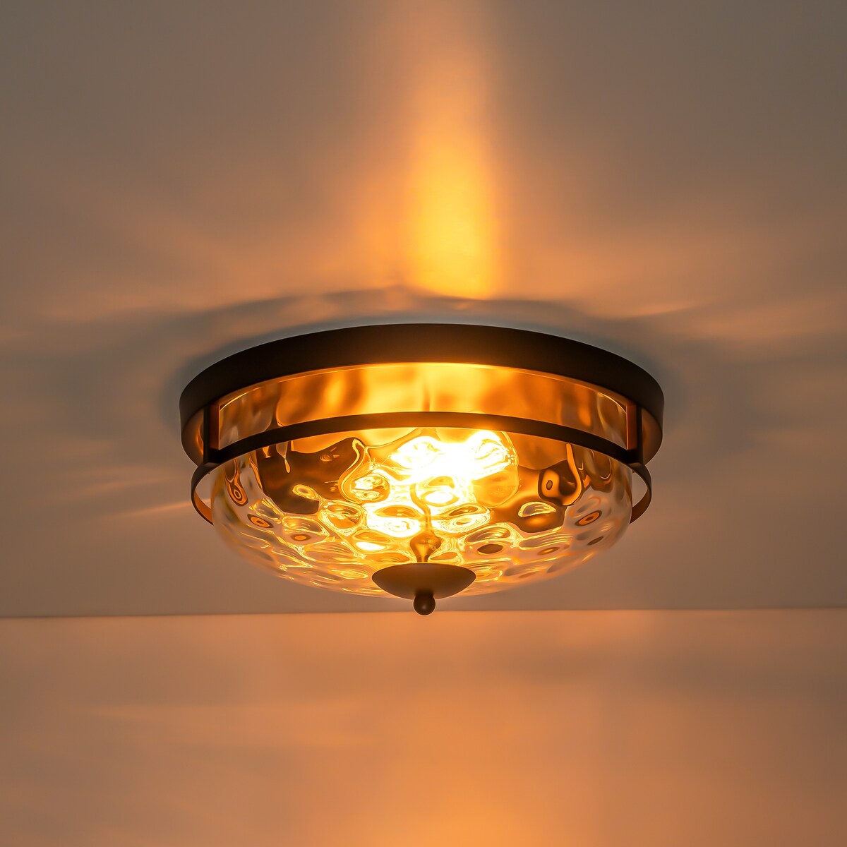 2-Light Industrial Farmhouse Ceiling Light Dome Clear Water Rippled Glass Flush Mount Light - 12.9 in. W x 5.5 in. H