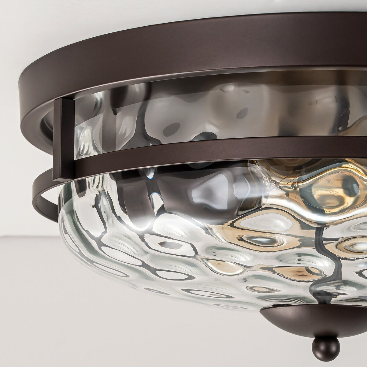 2-Light Industrial Farmhouse Ceiling Light Dome Clear Water Rippled Glass Flush Mount Light - 12.9 in. W x 5.5 in. H