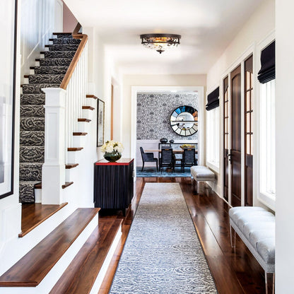 2-Light Industrial Farmhouse Ceiling Light Dome Clear Water Rippled Glass Flush Mount Light - 12.9 in. W x 5.5 in. H