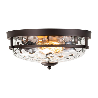2-Light Industrial Farmhouse Ceiling Light Dome Clear Water Rippled Glass Flush Mount Light - 12.9 in. W x 5.5 in. H