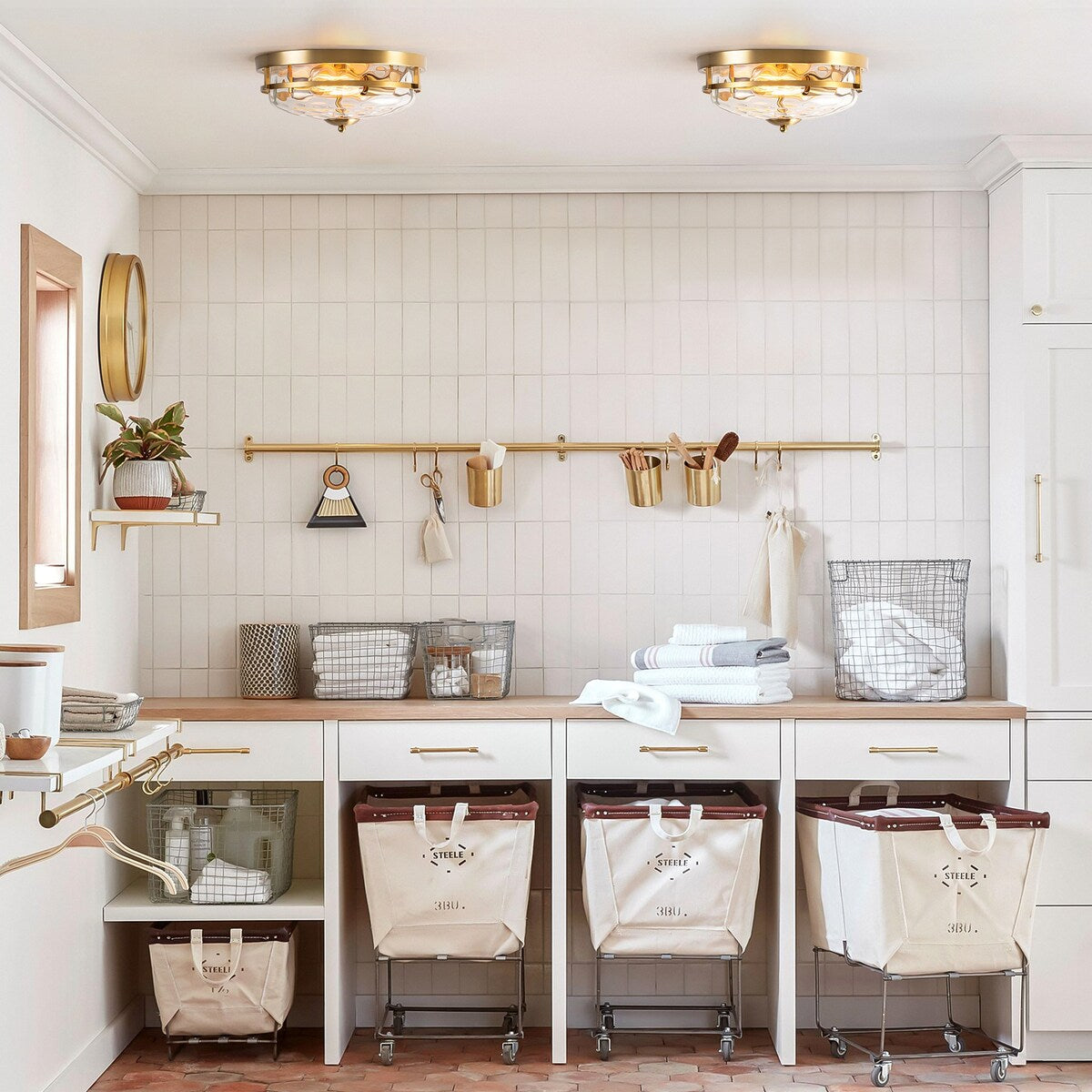 2-Light Industrial Farmhouse Ceiling Light Dome Clear Water Rippled Glass Flush Mount Light - 12.9 in. W x 5.5 in. H