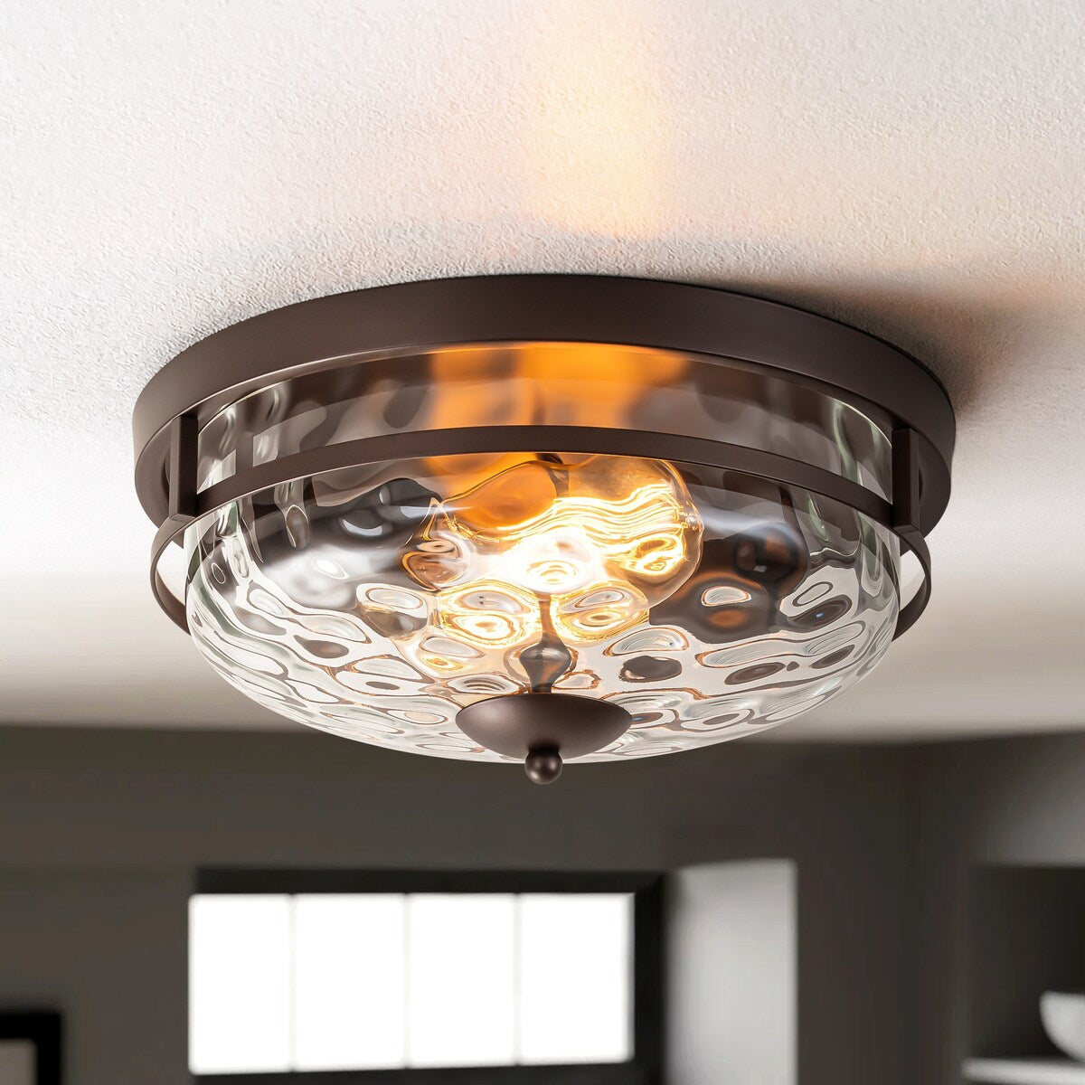 2-Light Industrial Farmhouse Ceiling Light Dome Clear Water Rippled Glass Flush Mount Light - 12.9 in. W x 5.5 in. H