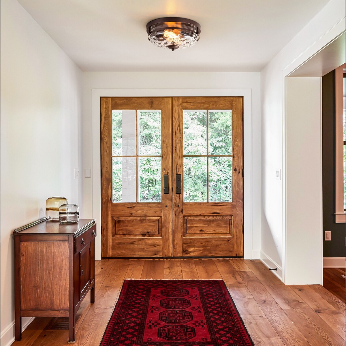 2-Light Industrial Farmhouse Ceiling Light Dome Clear Water Rippled Glass Flush Mount Light - 12.9 in. W x 5.5 in. H