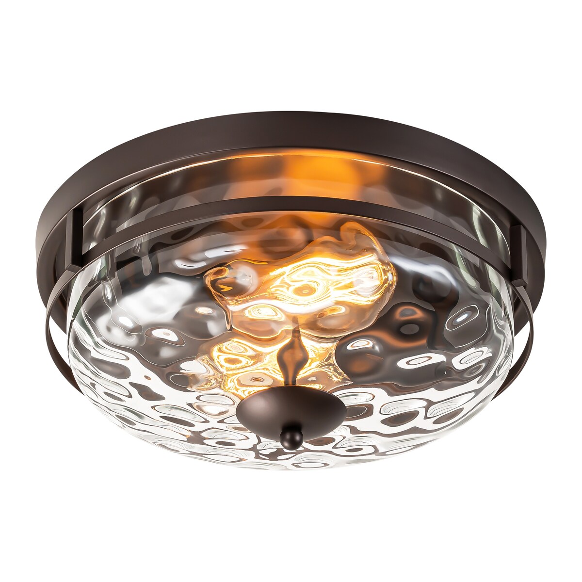 2-Light Industrial Farmhouse Ceiling Light Dome Clear Water Rippled Glass Flush Mount Light - 12.9 in. W x 5.5 in. H