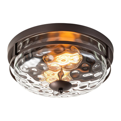 2-Light Industrial Farmhouse Ceiling Light Dome Clear Water Rippled Glass Flush Mount Light - 12.9 in. W x 5.5 in. H
