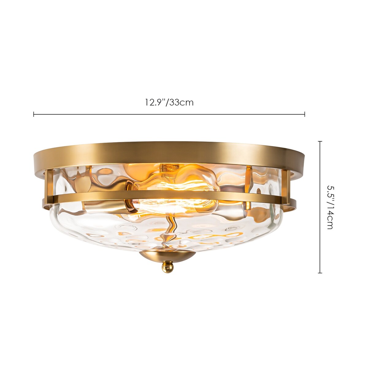 2-Light Industrial Farmhouse Ceiling Light Dome Clear Water Rippled Glass Flush Mount Light - 12.9 in. W x 5.5 in. H