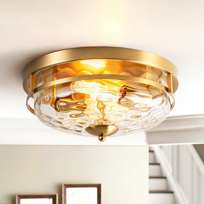 2-Light Industrial Farmhouse Ceiling Light Dome Clear Water Rippled Glass Flush Mount Light - 12.9 in. W x 5.5 in. H