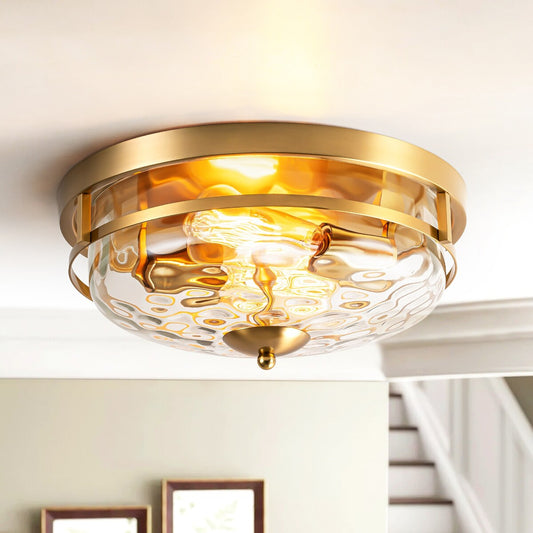 2-Light Industrial Farmhouse Ceiling Light Dome Clear Water Rippled Glass Flush Mount Light - 12.9 in. W x 5.5 in. H