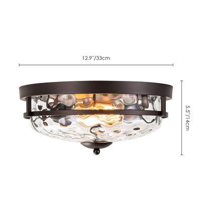 2-Light Industrial Farmhouse Ceiling Light Dome Clear Water Rippled Glass Flush Mount Light - 12.9 in. W x 5.5 in. H