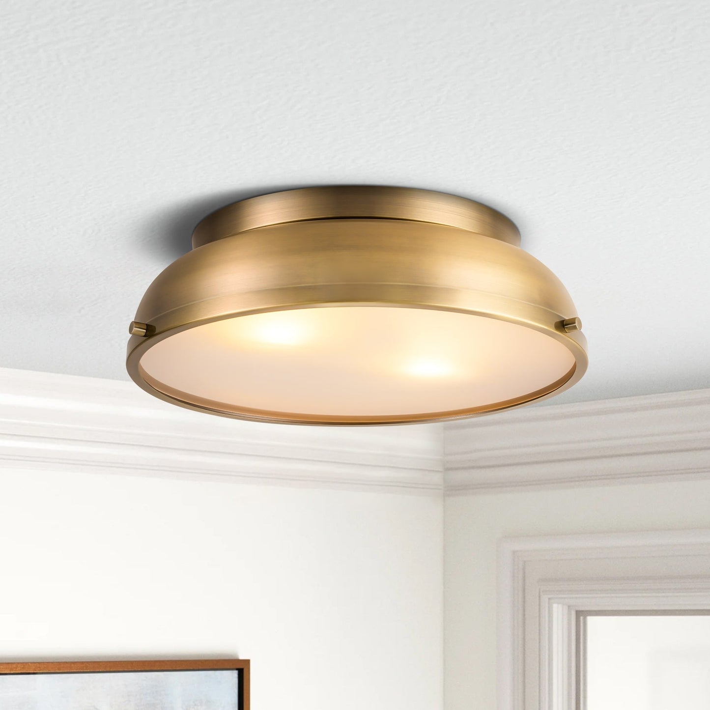 2-Light Mid-Century Modern Aged Bronze Frosted Glass Cylinder Drum Dome Flush Mount Ceiling Lights - Aged Bronze