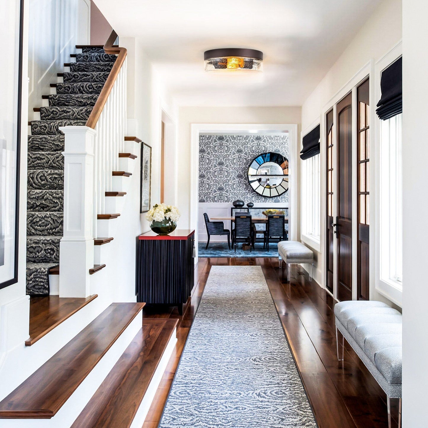 2-Light Modern Farmhouse Dome Clear Seeded/Bubble Glass Flush Mount Light