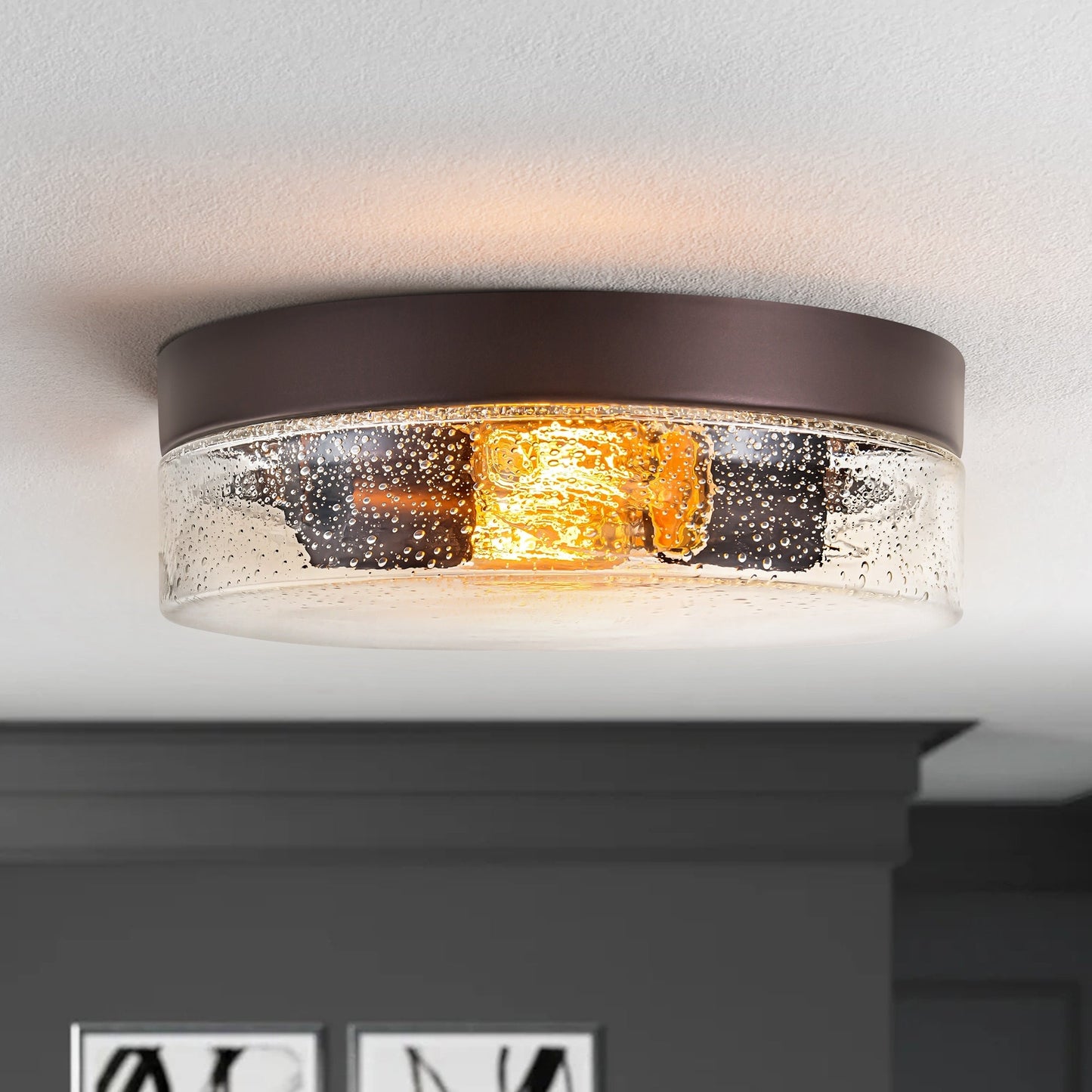 2-Light Modern Farmhouse Dome Clear Seeded/Bubble Glass Flush Mount Light