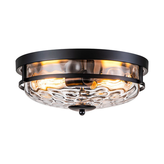 2-Light Modern Industrial Black Dome Clear Water Rippled Glass Flush Mount Ceiling Light - 12.9 in. W x 5.5 in. H