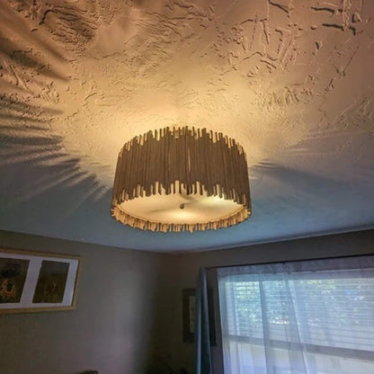 Distressed White 3-Light Wood Drum Semi-Flush Mount Ceiling Light