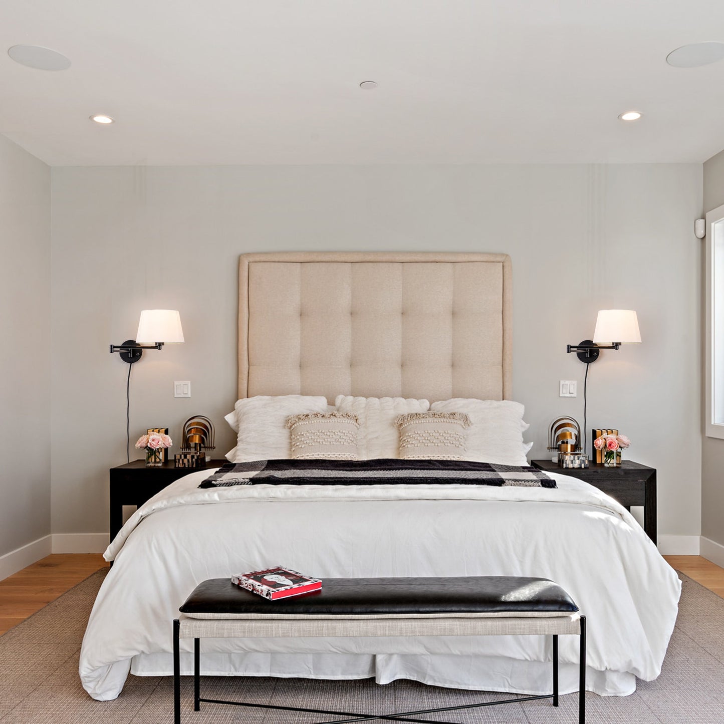 2-Pack Black Swing Arm Wall Light Plug-In with Linen Shade